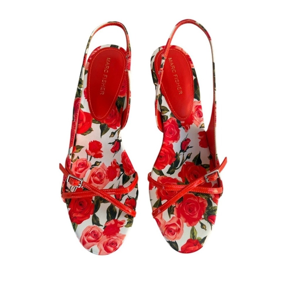 Marc Fisher Women's Feren2 Floral Print Kitten 10M Pump Red Roses Heel Sandals - Picture 4 of 15